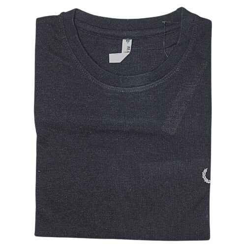 Men black cotton round neck textured t-shirt with embroidered logo