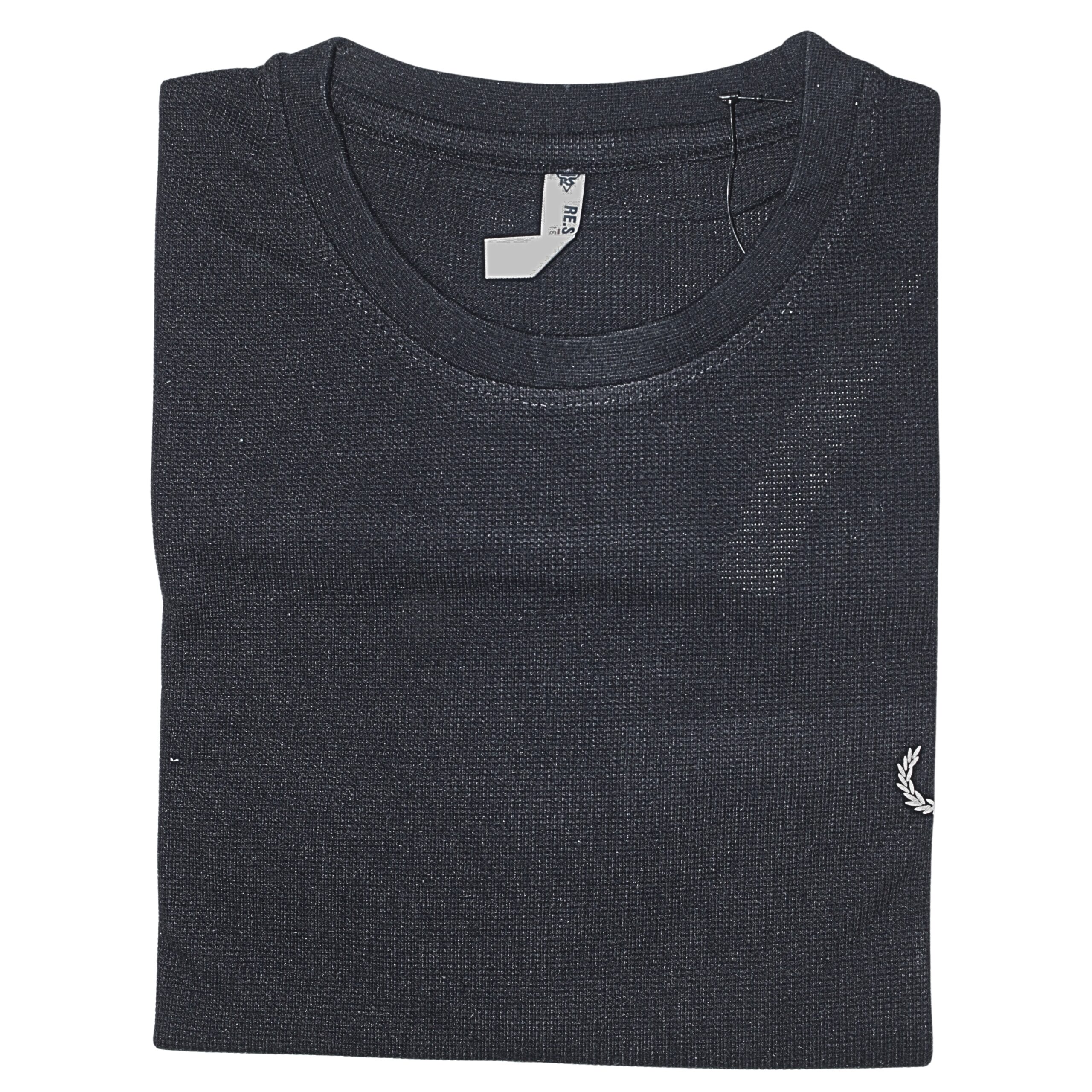 Men black cotton round neck textured t-shirt with embroidered logo