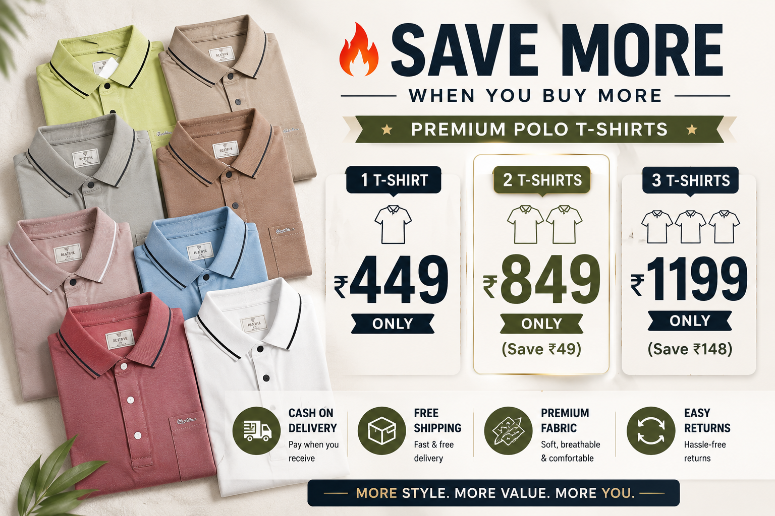 Premium Polo T-Shirts offer banner showcasing multiple color options with combo pricing offers: 1 T-Shirt for ₹449, 2 T-Shirts for ₹849, and 3 T-Shirts for ₹1199, along with Cash on Delivery, Free Shipping, Premium Fabric, and Easy Returns.
