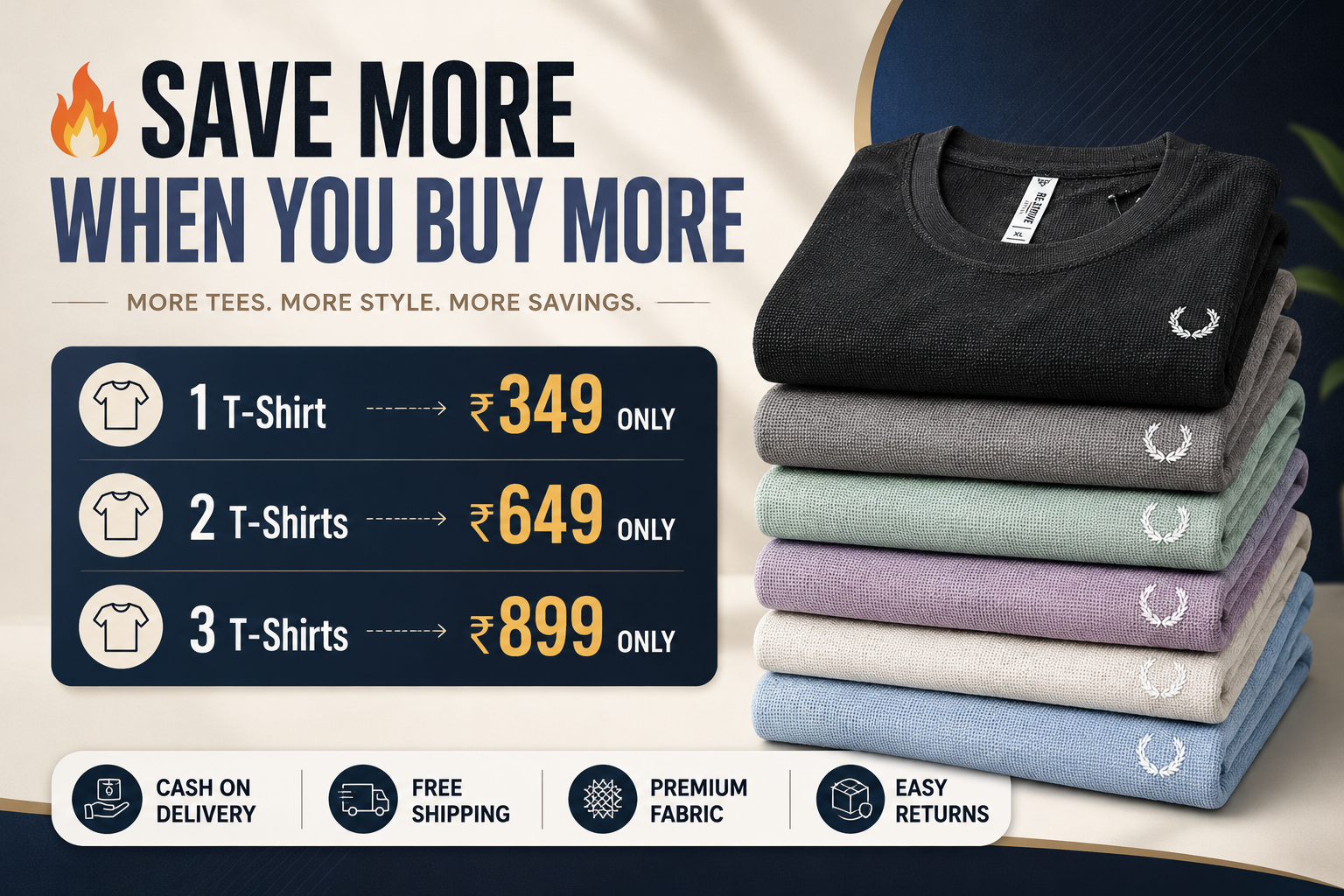 Promotional banner showcasing premium men's round neck textured T-shirts in multiple pastel and classic colors with a Buy More Save More offer, including discounted pricing, free shipping, cash on delivery, premium fabric, and easy returns.