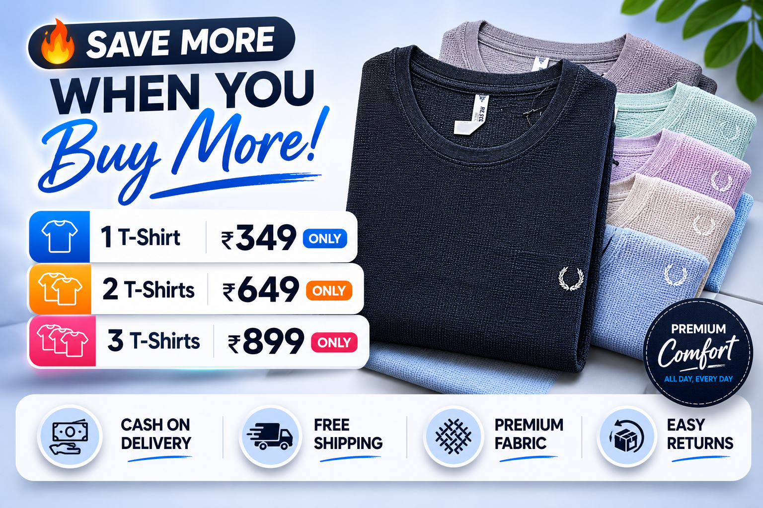 Promotional banner showcasing premium men's round neck textured T-shirts in multiple pastel and classic colors with a Buy More Save More offer, including discounted pricing, free shipping, cash on delivery, premium fabric, and easy returns.