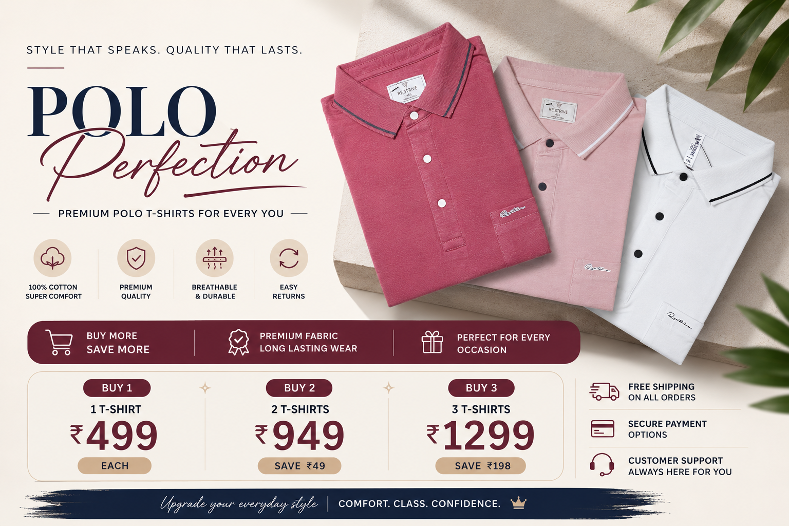 Promotional banner showcasing premium men's T-shirts in multiple pastel and classic colors with a Buy More Save More offer, including discounted pricing, free shipping, cash on delivery, premium fabric, and easy returns.