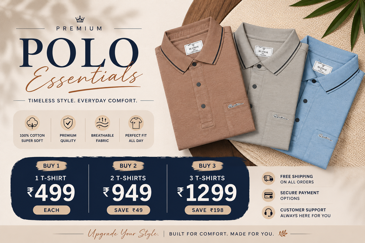 Promotional banner showcasing premium men's T-shirts in multiple pastel and classic colors with a Buy More Save More offer, including discounted pricing, free shipping, cash on delivery, premium fabric, and easy returns.