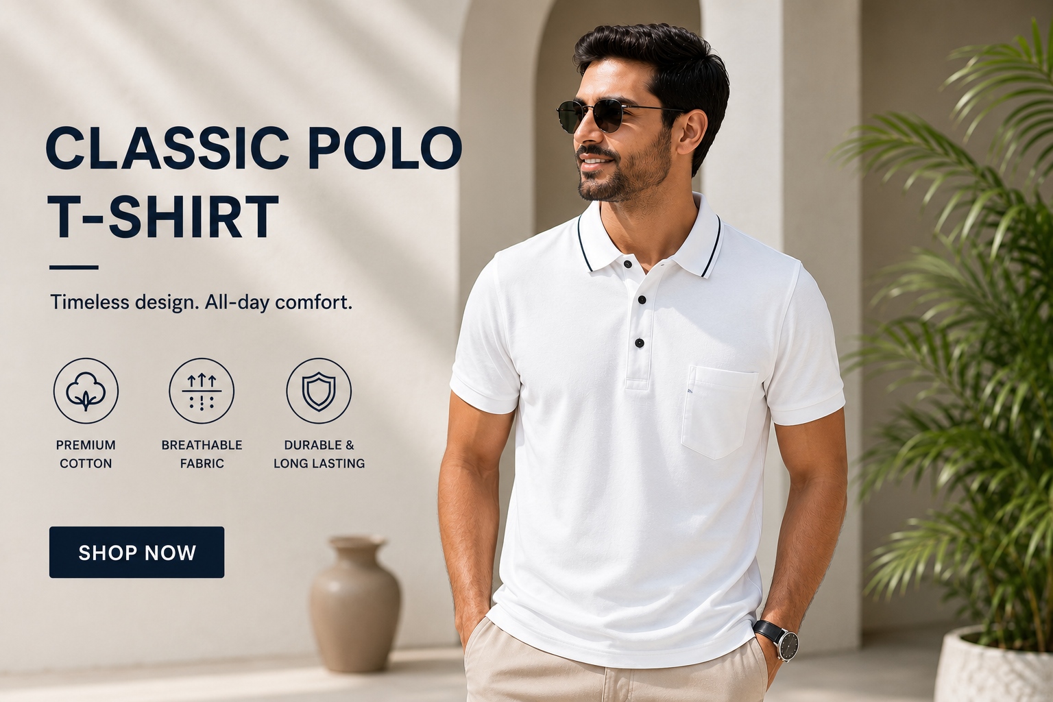 Men's White Polo T-Shirt with Pocket – Premium Cotton Casual Wear