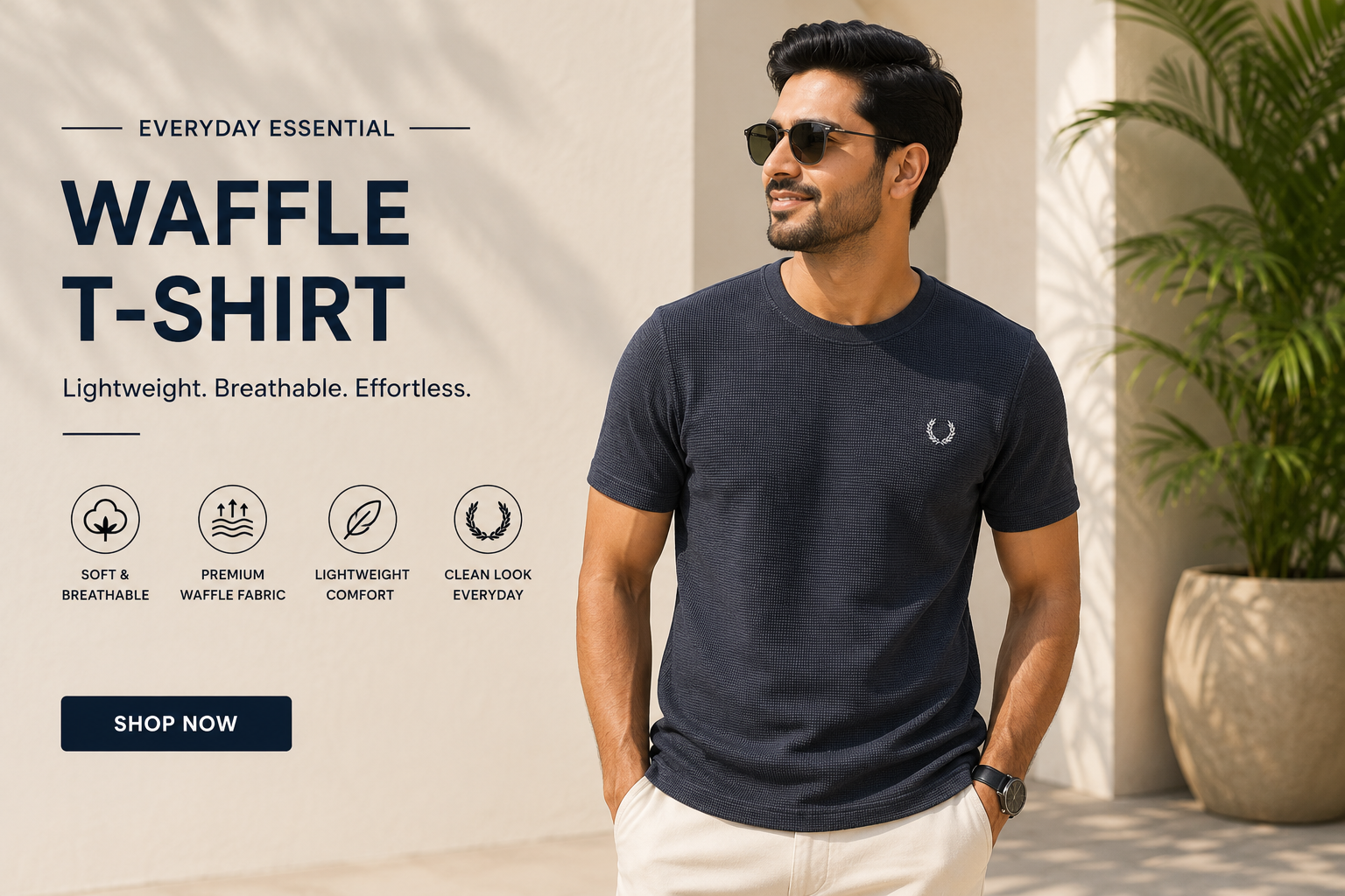 Men's Black Waffle T-Shirt – Premium Round Neck Casual Wear