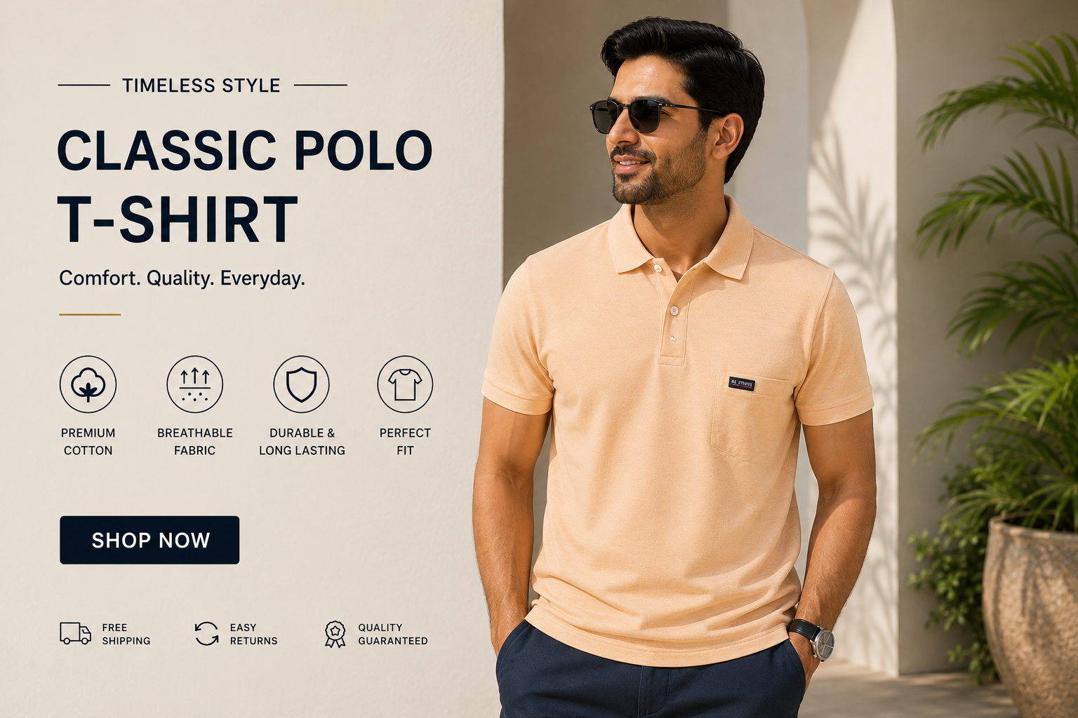 Men's Light Peach Polo T-Shirt with Pocket – Premium Cotton Casual Wear
