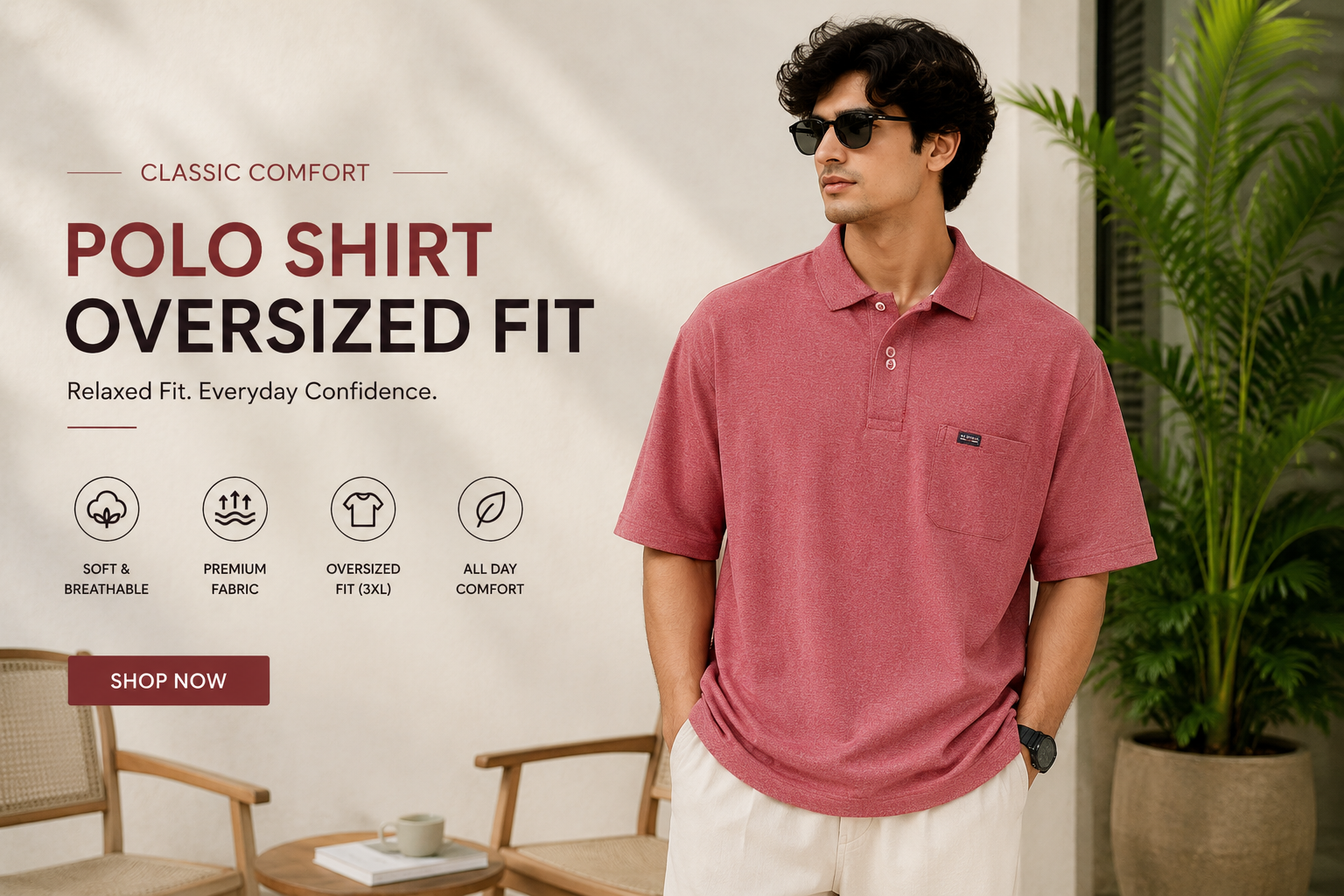 Men's Maroon Melange Oversized Polo T-Shirt Relaxed Fit Casual Wear