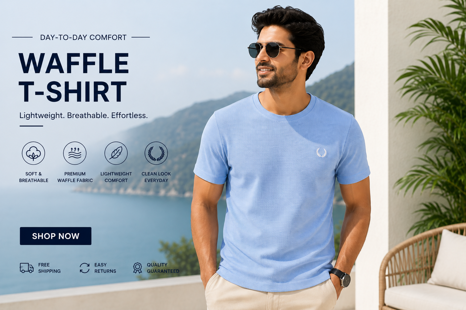 Men's Sky Blue Waffle T-Shirt – Premium Cotton Round Neck Casual Wear